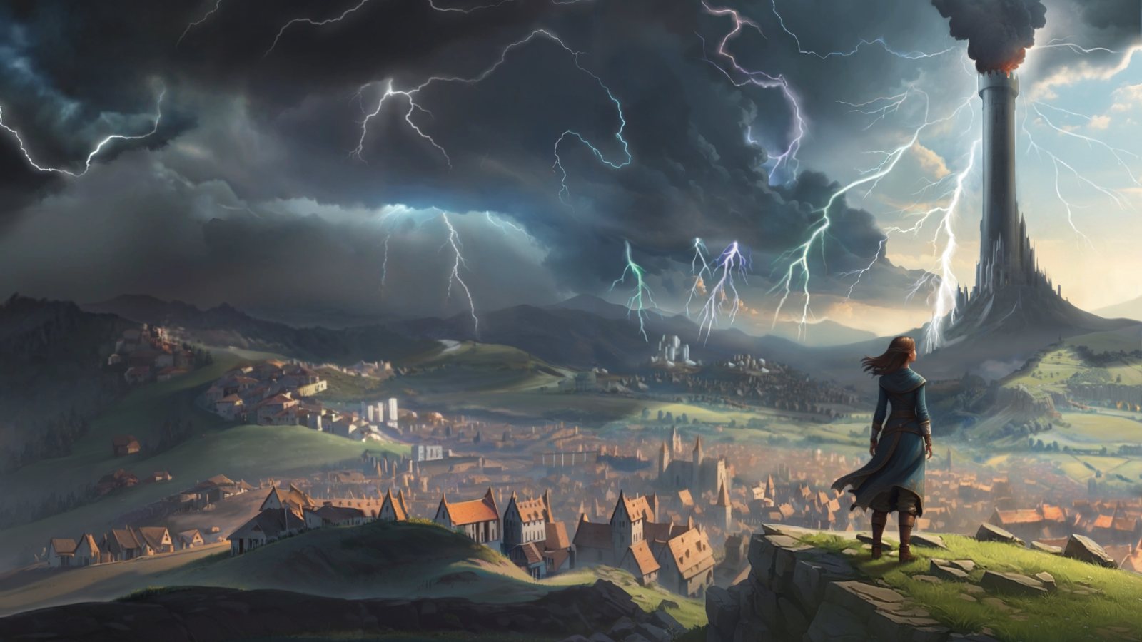 Cover art from Dawn of the Second Darkness: a lone figure on a hillside above a town, watching a lightning storm gather around a dark tower